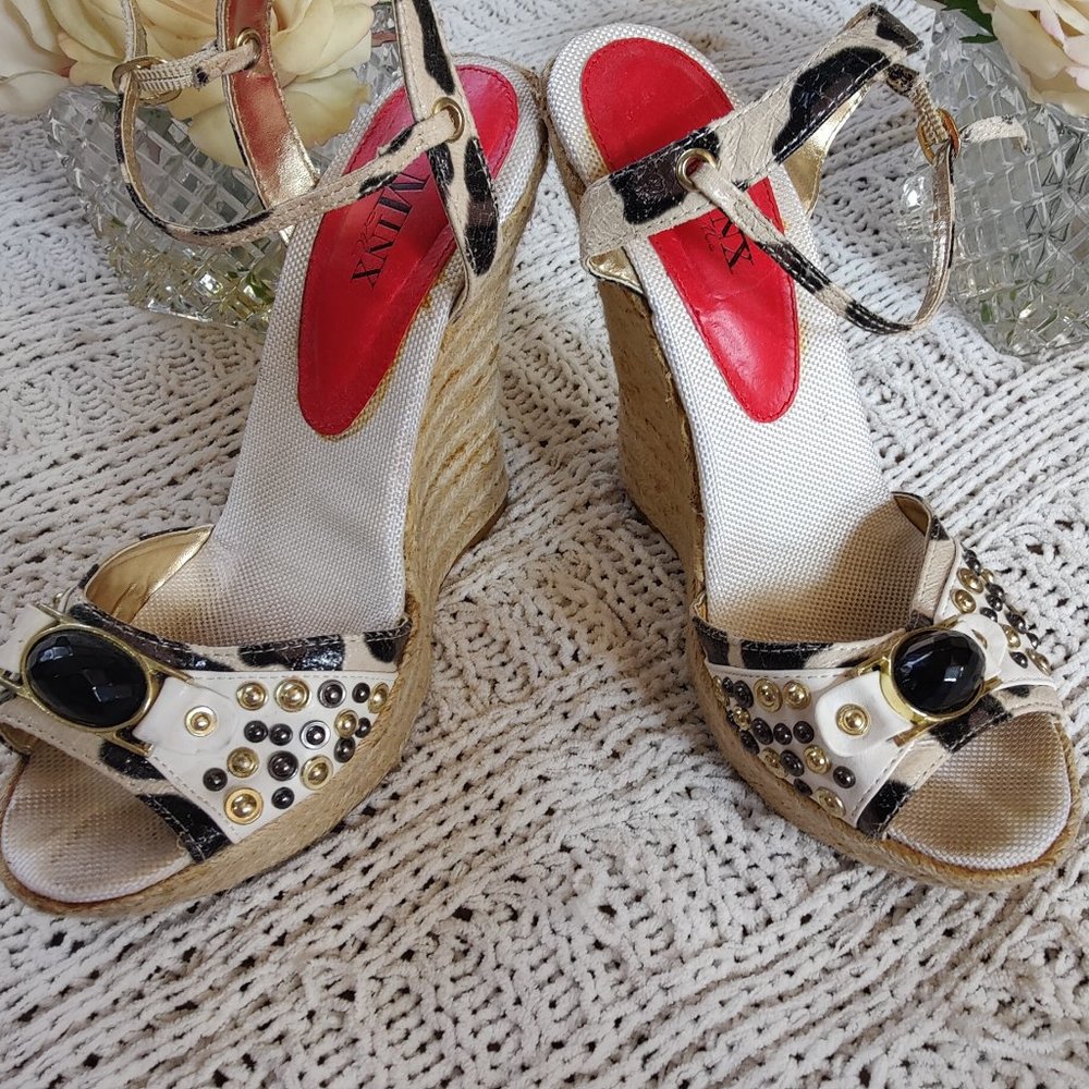 Minx Black and White Leather and Studded Wedges